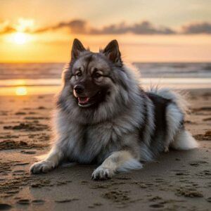 Keeshond tumbado en la arena al atardecer.