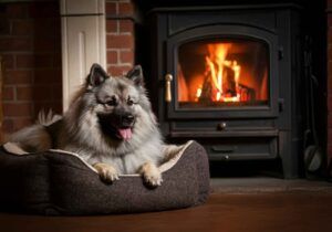 Keeshond descansando en su cama frente a una chimenea encendida.