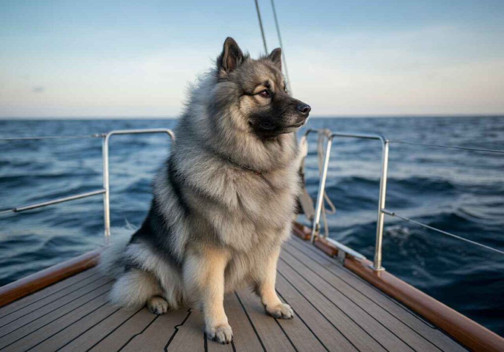 Keeshond sentado en la cubierta de un barco en el mar.