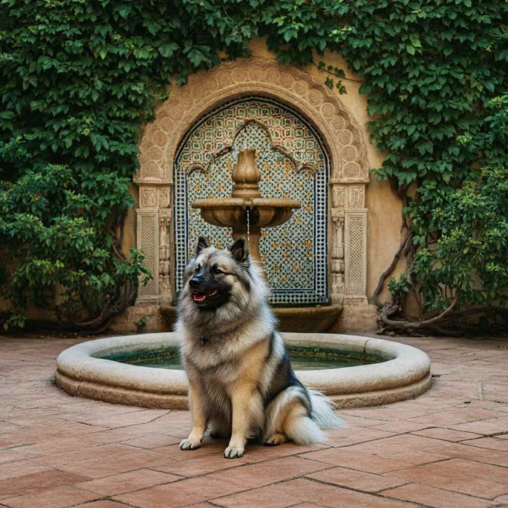 Keeshond sentado frente a una fuente en un jardín ornamentado.
