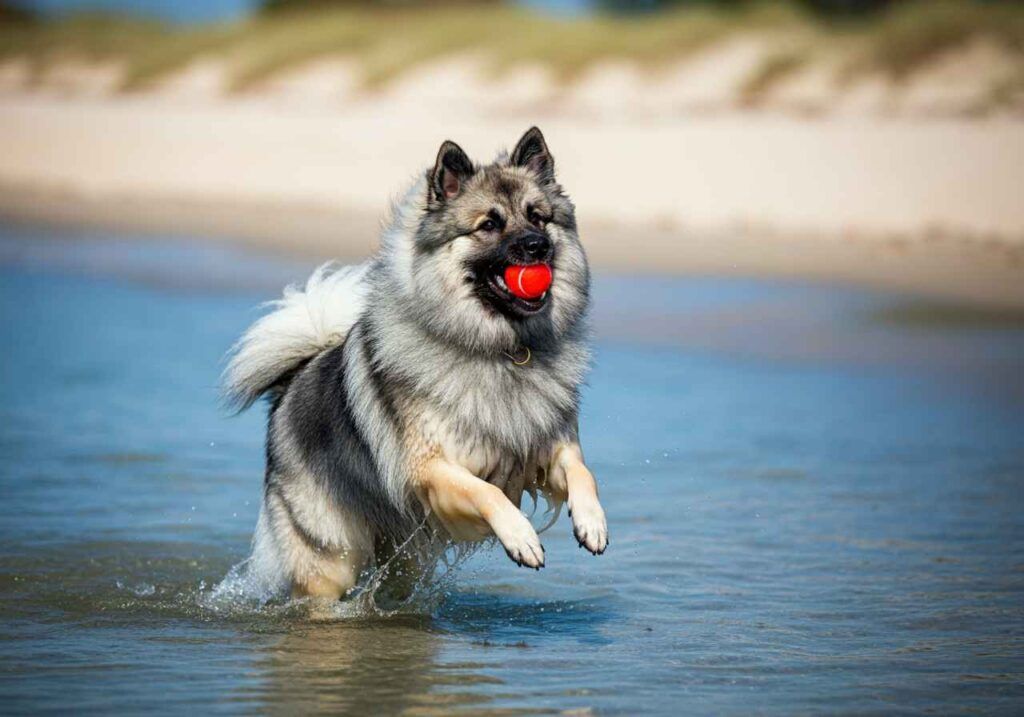 Keeshond jugando en el agua con una pelota roja.