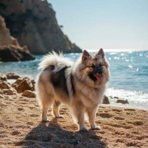 Keeshond en la playa junto a rocas con el mar de fondo.