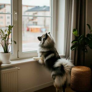 Keeshond mirando por la ventana en un entorno urbano.