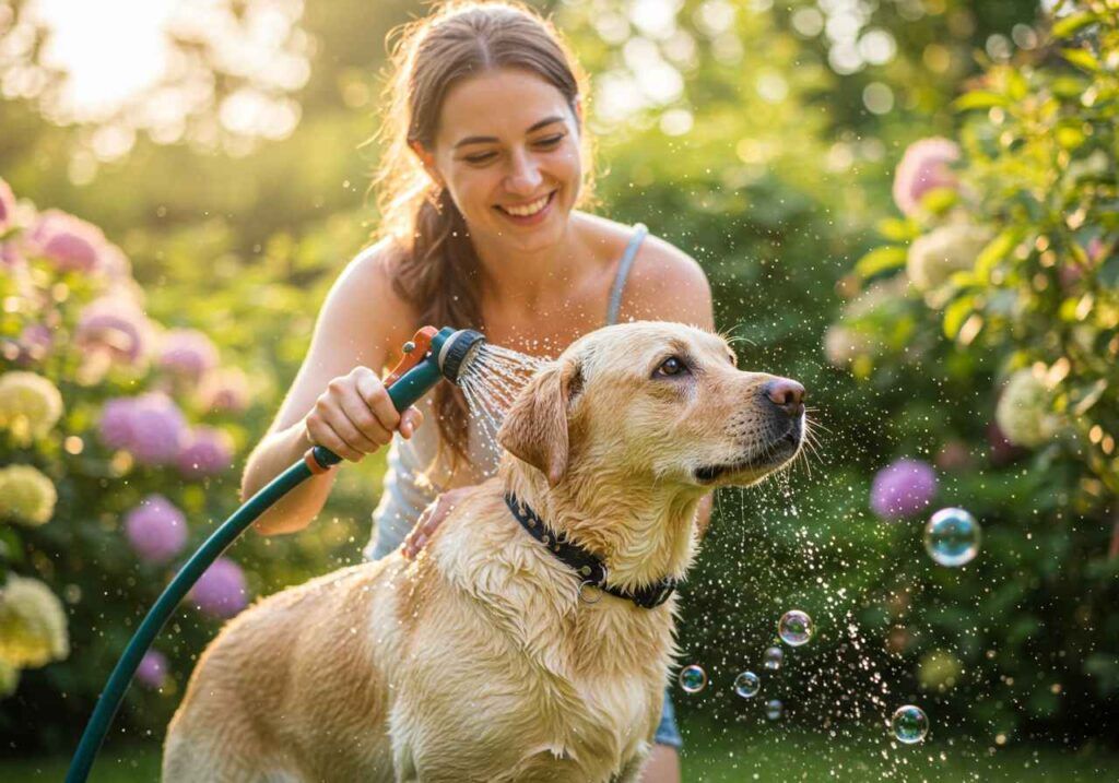 Las razas de perro más populares en España del 2025 5 Labrador Retriever disfrutando de un baño al aire libre en un jardín.