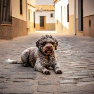 Lagotto Romagnolo 2 Lagotto Romagnolo descansando en una calle empedrada de un pueblo español.
