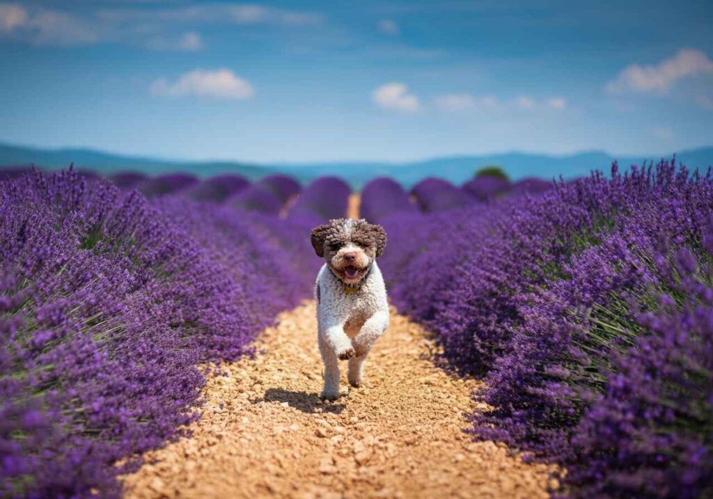 Lagotto Romagnolo 7 Lagotto Romagnolo corriendo por un campo de lavanda.