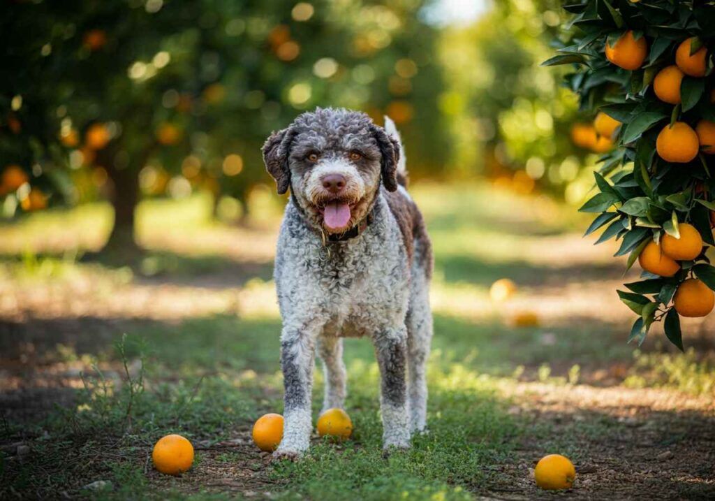Lagotto Romagnolo 9 Lagotto Romagnolo posando en un huerto de naranjos con frutas en el suelo.