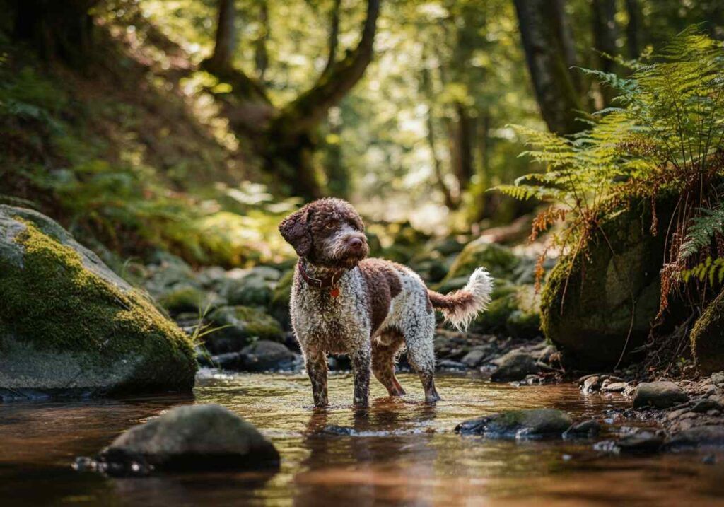 Lagotto Romagnolo 1 Lagotto Romagnolo parado en un río poco profundo rodeado de bosque.