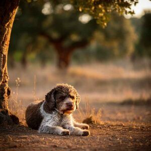 Lagotto Romagnolo 5 Lagotto Romagnolo descansando a la sombra de un árbol en un campo.