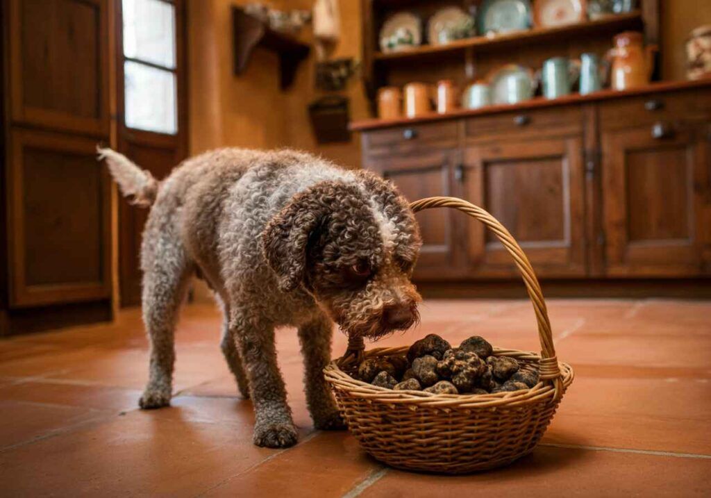 Lagotto Romagnolo 3 Lagotto Romagnolo inspeccionando una cesta llena de trufas.