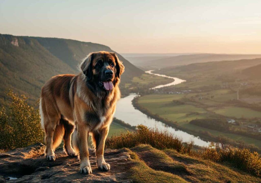 Leonberger posando en un acantilado con un río serpenteante al fondo.