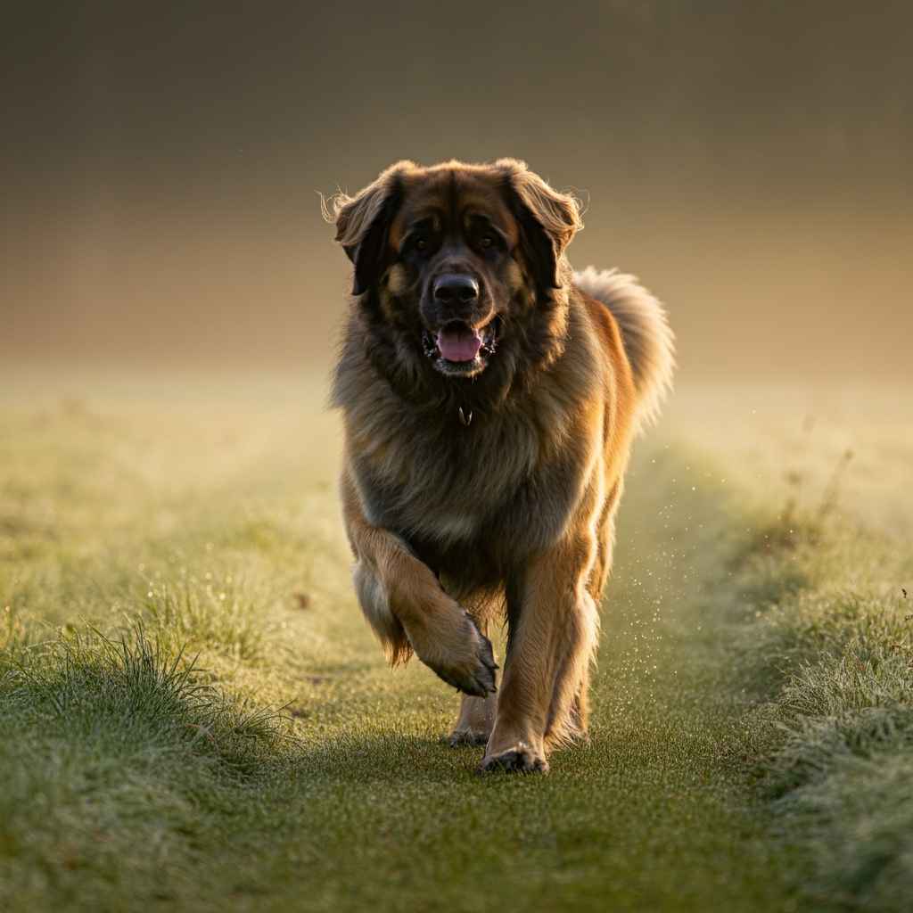 Leonberger caminando por un sendero cubierto de rocío al amanecer.