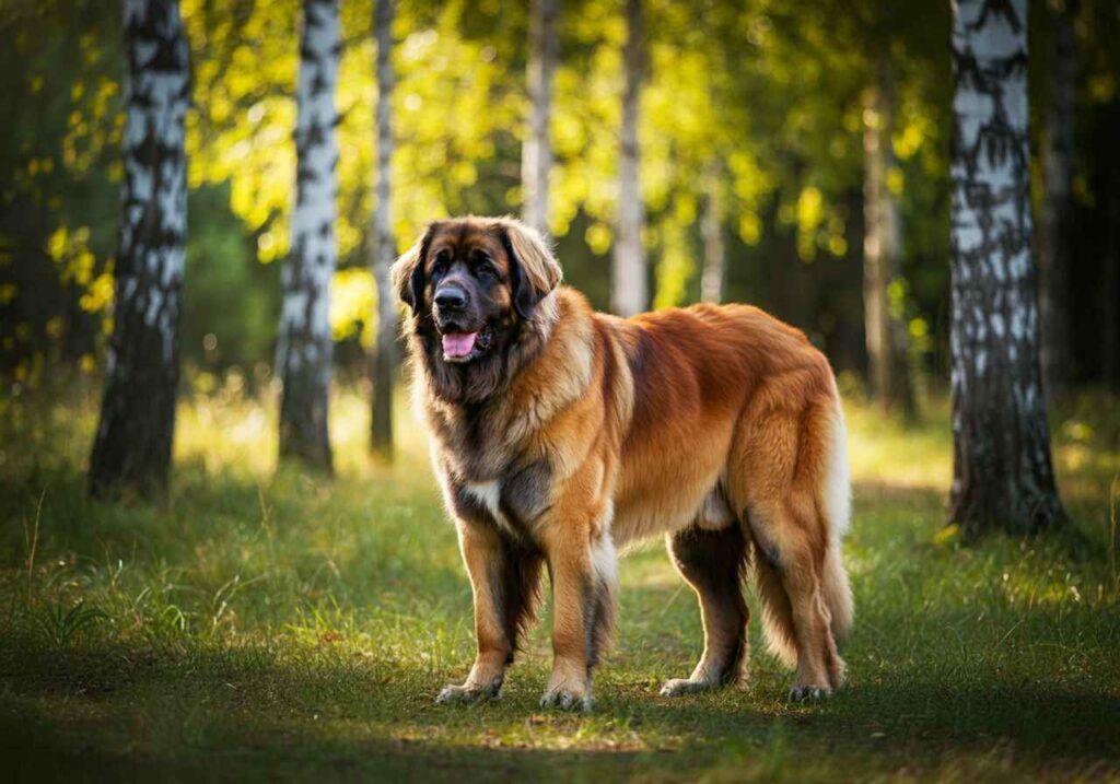 Leonberger de pie en un bosque iluminado por la luz del sol.