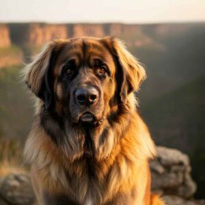 Leonberger posando con un cañón al fondo al atardecer.