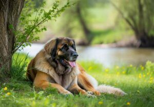 Leonberger descansando bajo un árbol en un entorno natural.