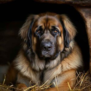 Leonberger descansando en un establo rodeado de paja.
