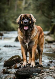 Leonberger de pie en un río, rodeado de piedras y agua corriente.