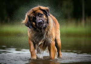 Leonberger sacudiéndose para secarse tras jugar en el agua.