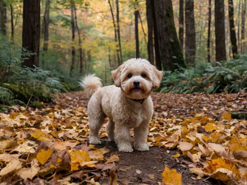 Maltipoo 1 Maltipoo caminando por un bosque en otoño.