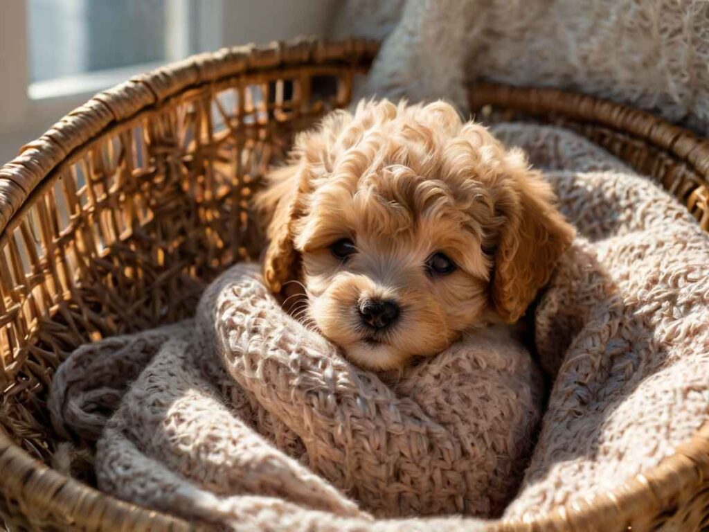 Maltipoo 10 Cachorro de Maltipoo envuelto en una manta dentro de una cesta.
