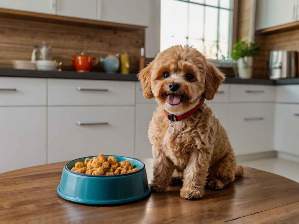 Maltipoo 8 Maltipoo junto a un bol de comida en la cocina.