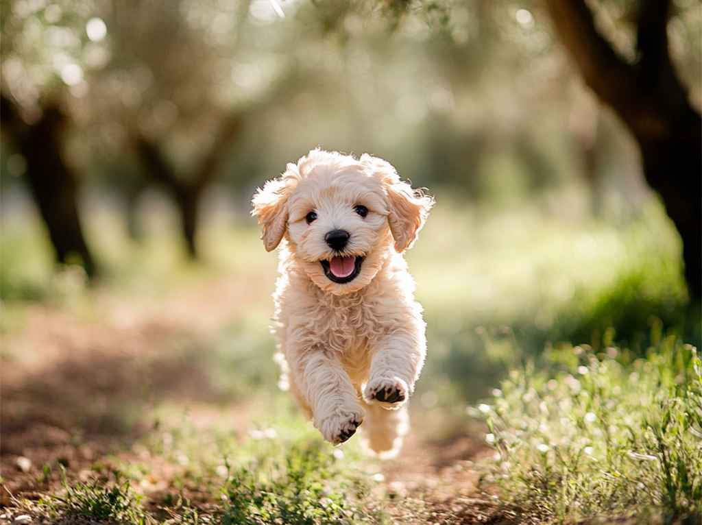 Maltipoo 5 Cachorro de Maltipoo corriendo entre olivos.
