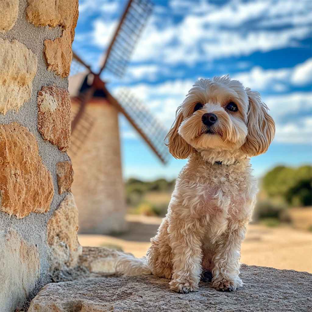 Maltipoo 3 Maltipoo junto a un molino de viento en el campo.