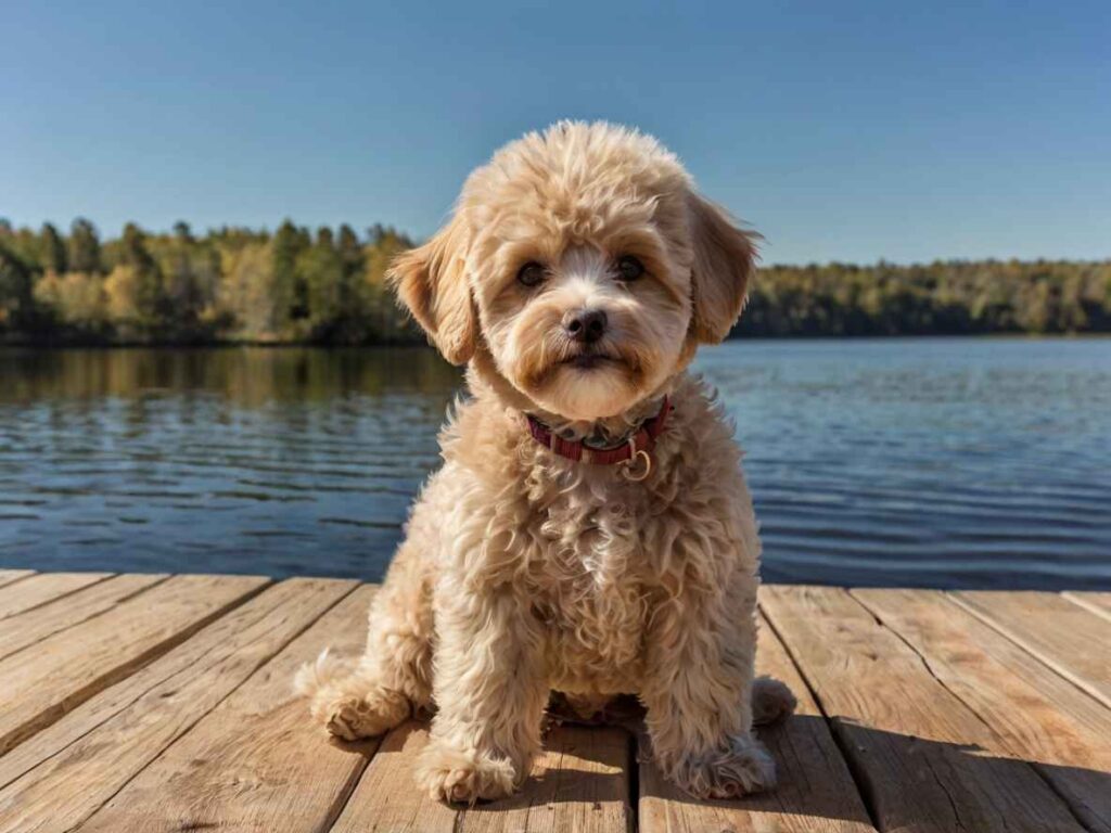Maltipoo 6 Maltipoo sentado en un muelle junto a un lago.