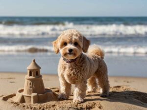 Maltipoo 2 Maltipoo junto a un castillo de arena en la playa.
