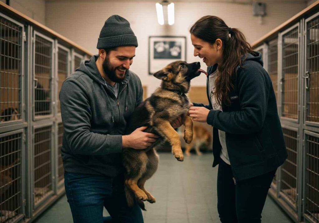 Las razas de perro más populares en España del 2025 4 Pastor Alemán cachorro interactuando con dos personas en un refugio de adopción.