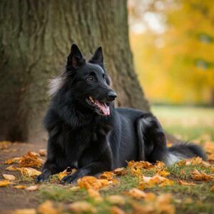 Pastor Belga Groenendael 5 Pastor Belga Groenendael relajado junto a un árbol en otoño.