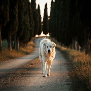 Pastor de Maremma 4 Pastor de Maremma caminando por un sendero bordeado de cipreses al atardecer.