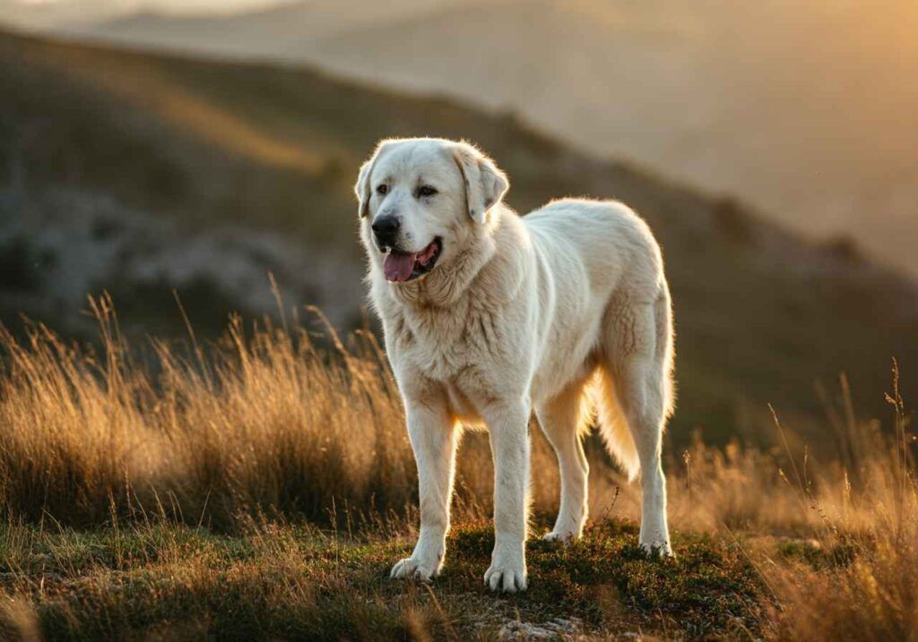 Pastor de Maremma 1 Pastor de Maremma de pie en una colina iluminada por el atardecer.