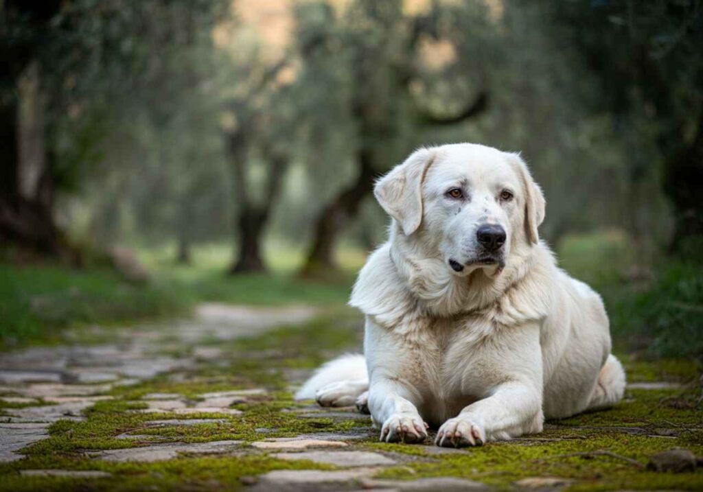 Pastor de Maremma 6 Pastor de Maremma descansando en un sendero entre olivos.