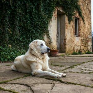 Pastor de Maremma 2 Pastor de Maremma descansando en un patio rústico cubierto de hiedra.