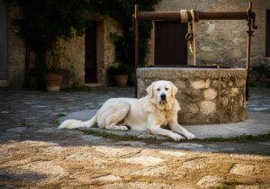 Pastor de Maremma 8 Pastor de Maremma descansando junto a un pozo de piedra en un patio rústico.