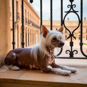 Perro Crestado Chino descansando en un balcón con arquitectura histórica.