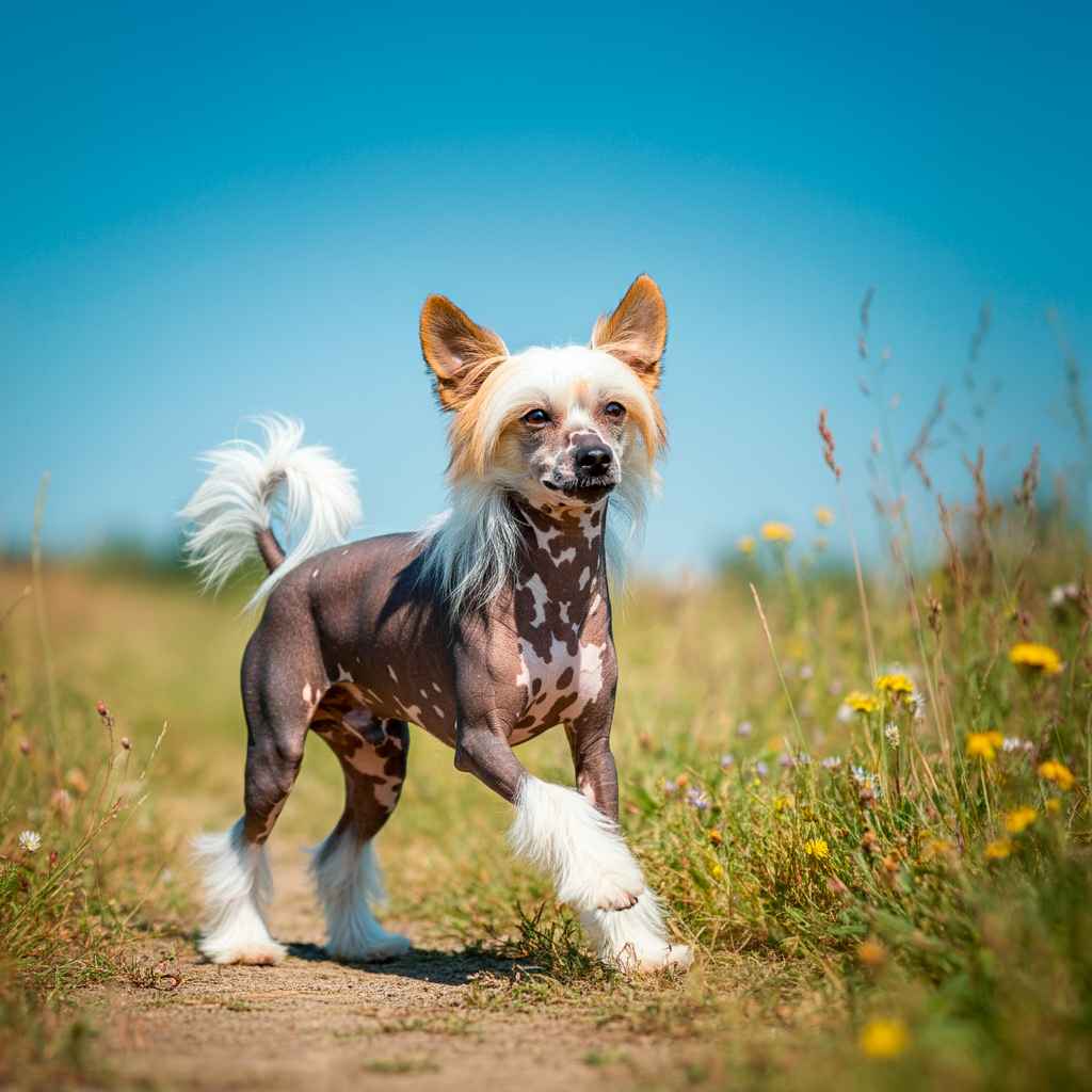 Perro Crestado Chino caminando por un camino rodeado de flores silvestres.