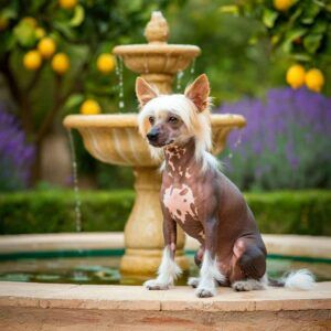 Perro Crestado Chino sentado junto a una fuente en un jardín.