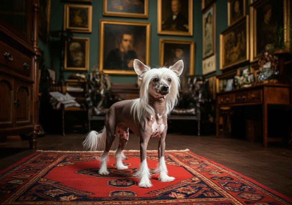 Perro Crestado Chino en una habitación con pinturas clásicas.