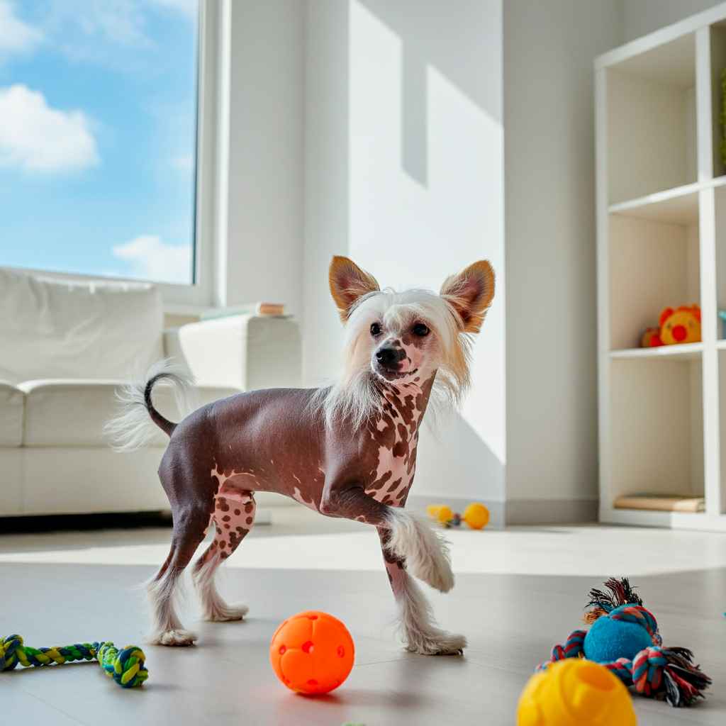 Perro Crestado Chino jugando con juguetes en casa.