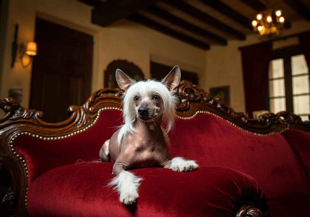 Perro Crestado Chino descansando en un sofá rojo elegante.