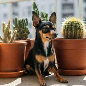 Perro Ratonero de Praga sentado frente a macetas con cactus.