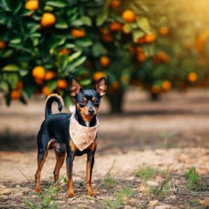 Ratonero de Praga con una bandana beige en un campo de naranjas.