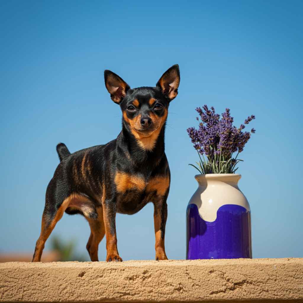 Ratonero de Praga junto a un florero de lavanda bajo un cielo azul.