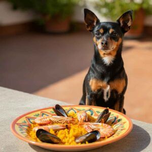 Ratonero de Praga sentado junto a un plato de paella en una terraza.
