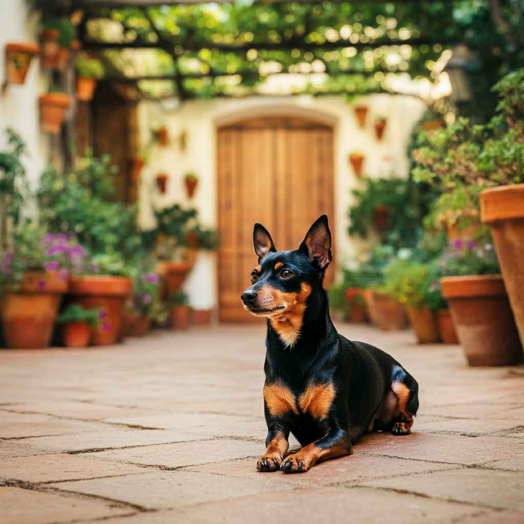 Ratonero de Praga descansando en un patio lleno de macetas y plantas.