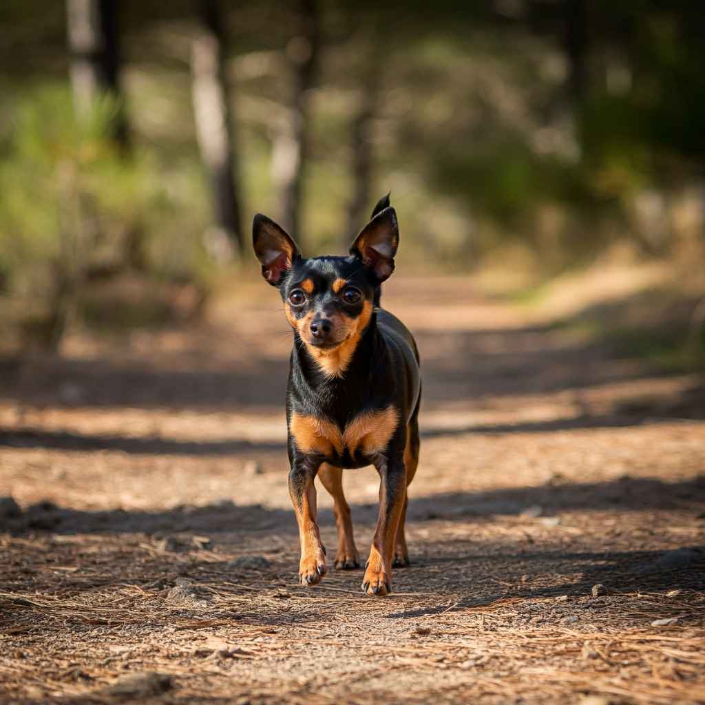 Ratonero de Praga caminando por un sendero sombreado en el bosque.