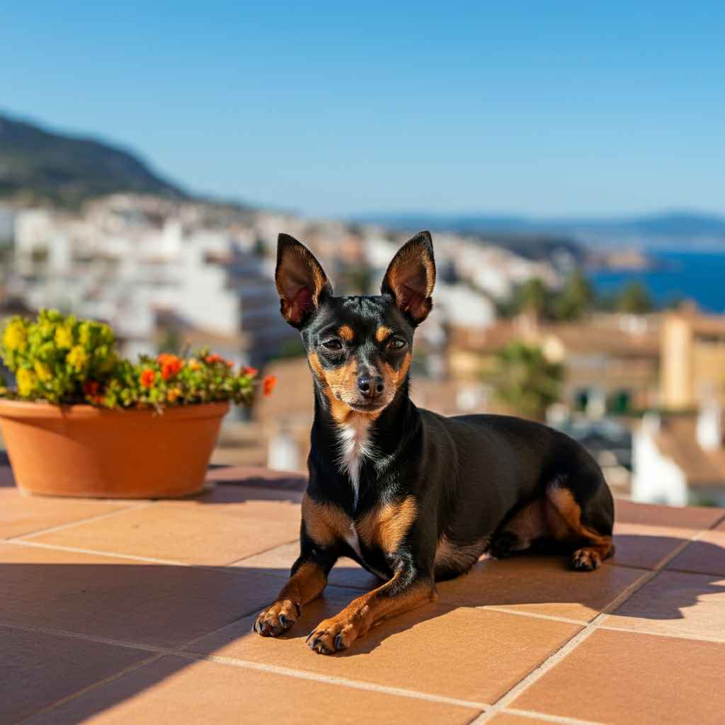 Perro Ratonero de Praga descansando en una terraza soleada con vistas al mar.