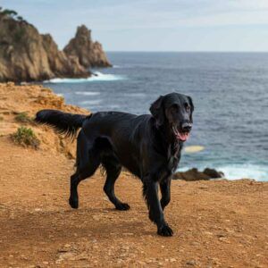 Perro retriever de pelo liso caminando junto a un acantilado con vistas al mar.
